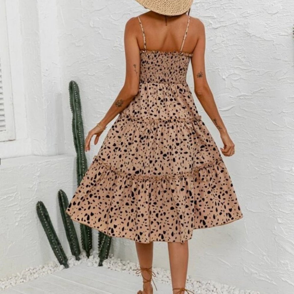 BOHO Dalmatian Print Shirred Ruffle Hem Cami Midi Dress - Picture 7 of 7